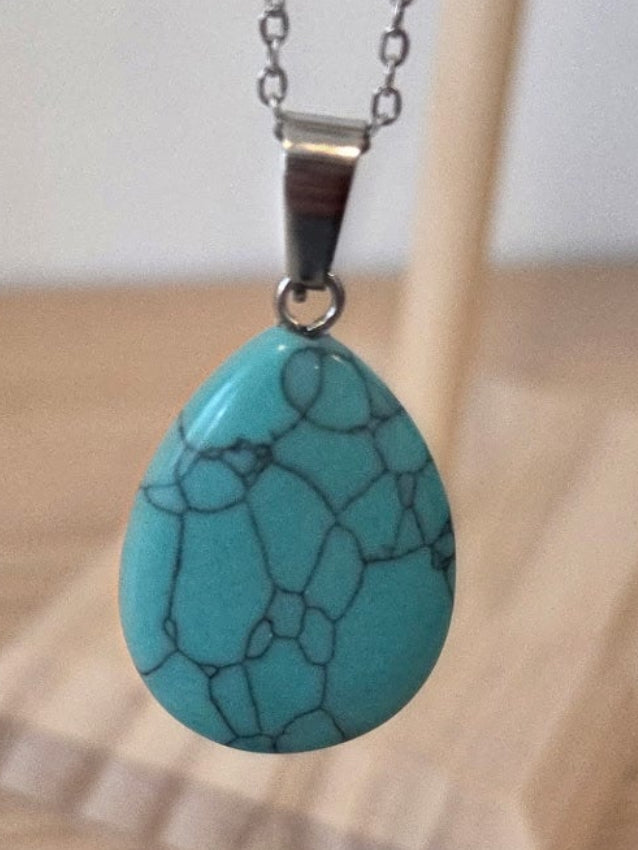 Collier Chaîne Argentée Acier Inoxydable 304 – Pendentif Goutte Turquoise