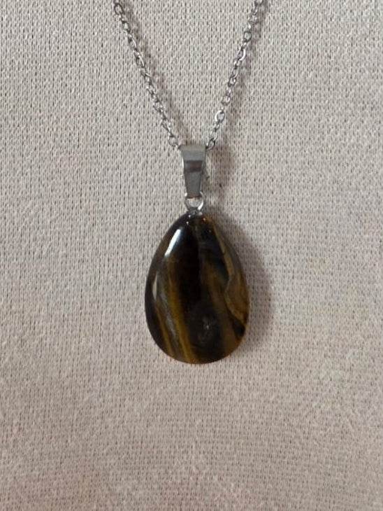 Collier Chaîne Argentée Acier Inoxydable 304 – Pendentif Goutte Œil de Tigre