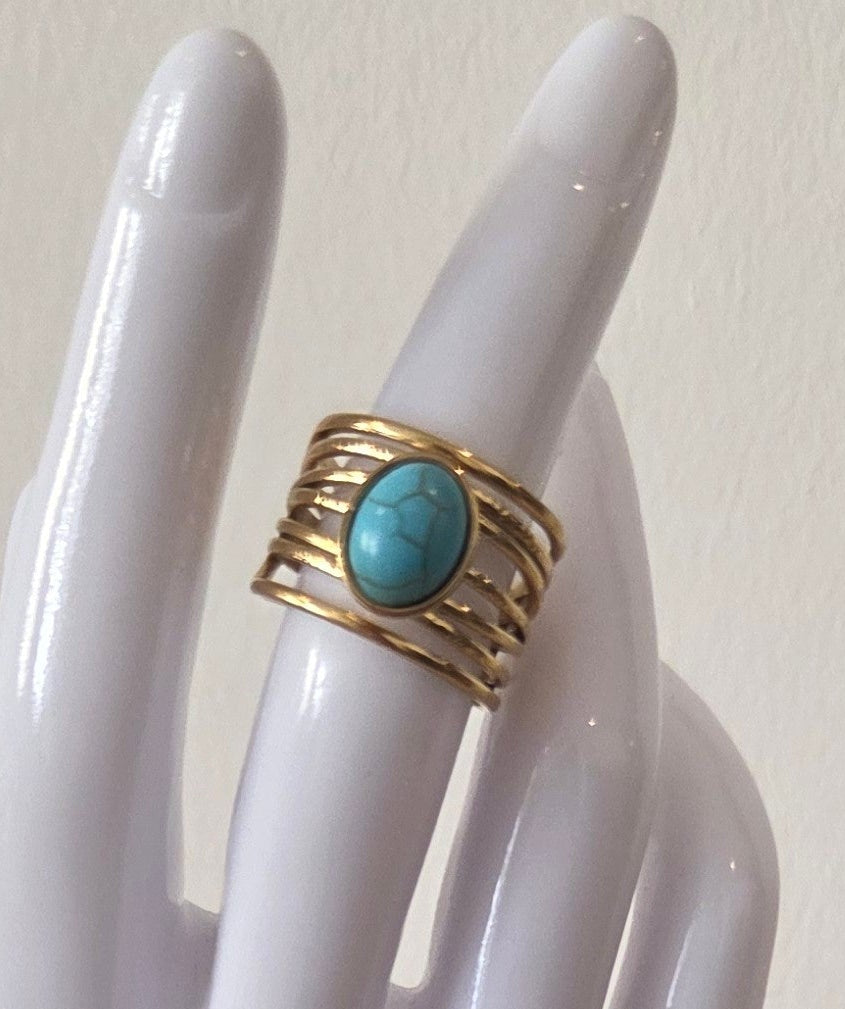 Bague Multi-Rangs Dorée Cabochon Turquoise