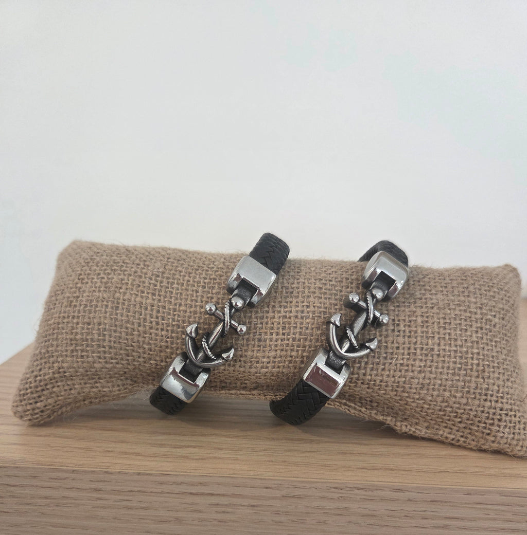 Bracelet Cuir Tressé & Ancre Acier 316L — Style Nautique