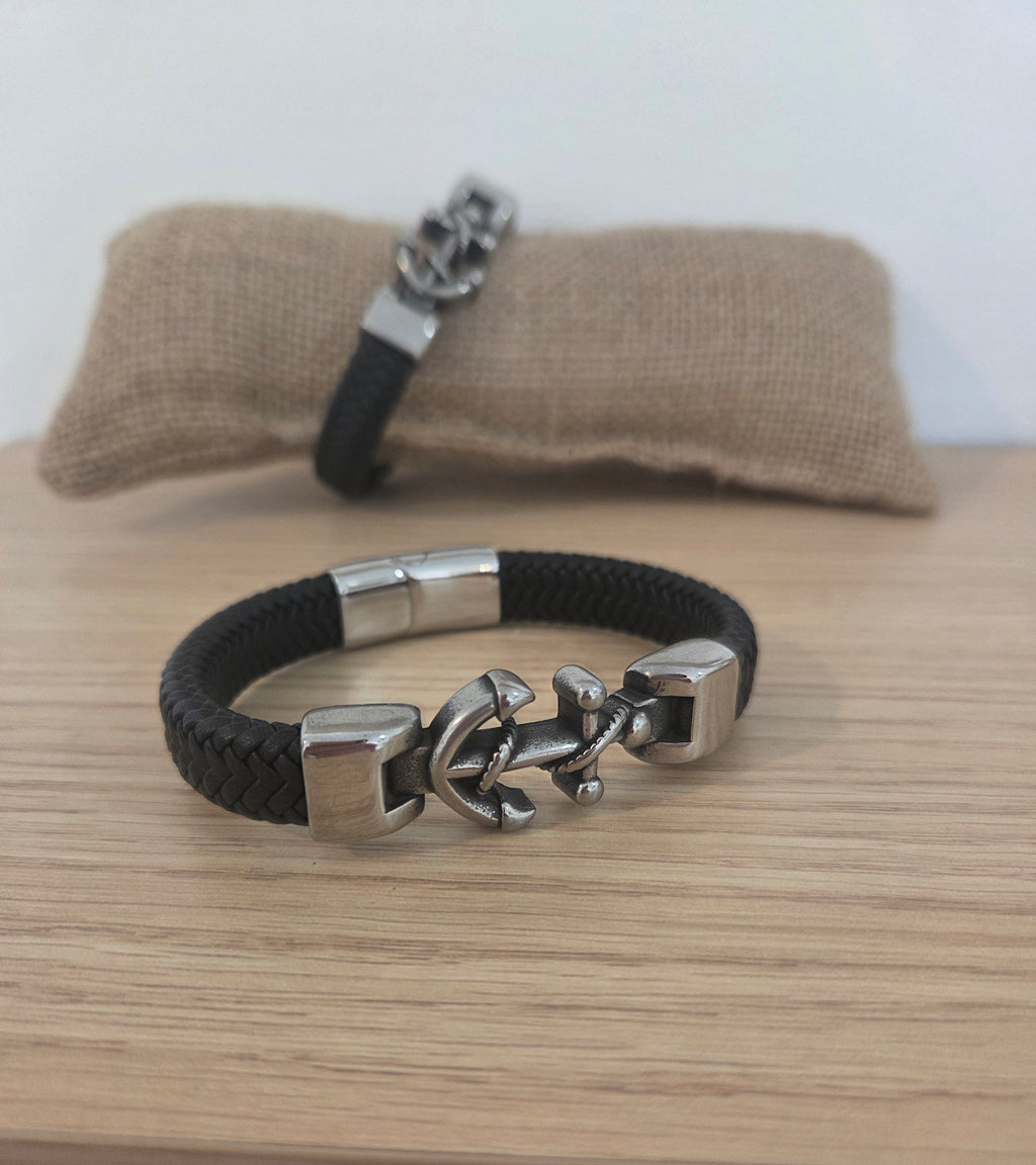 Bracelet Cuir Tressé & Ancre Acier 316L — Style Nautique