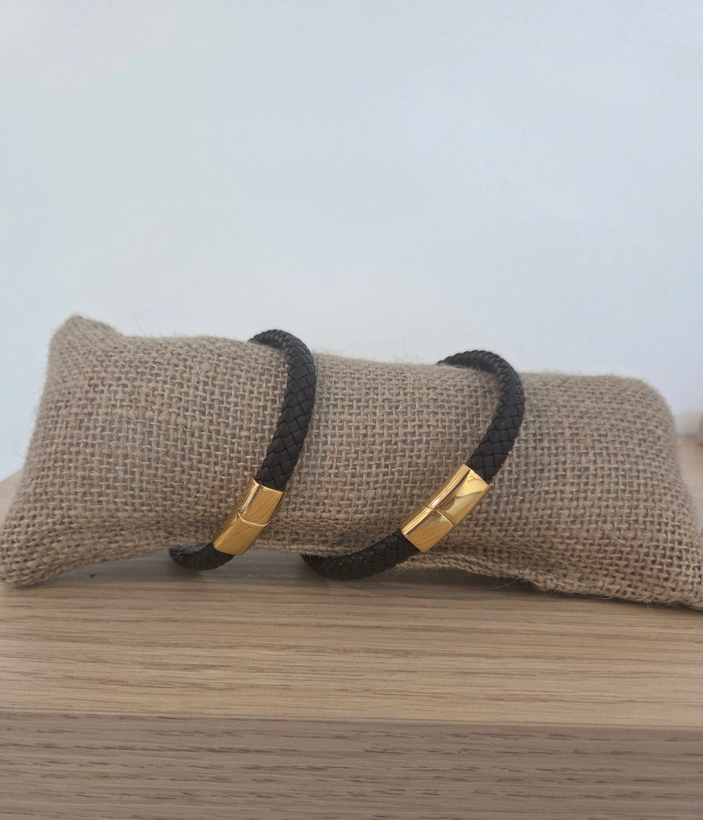 Bracelet Cordelette Cuir Tressé & Fermoir Magnétique Doré — Acier 316
