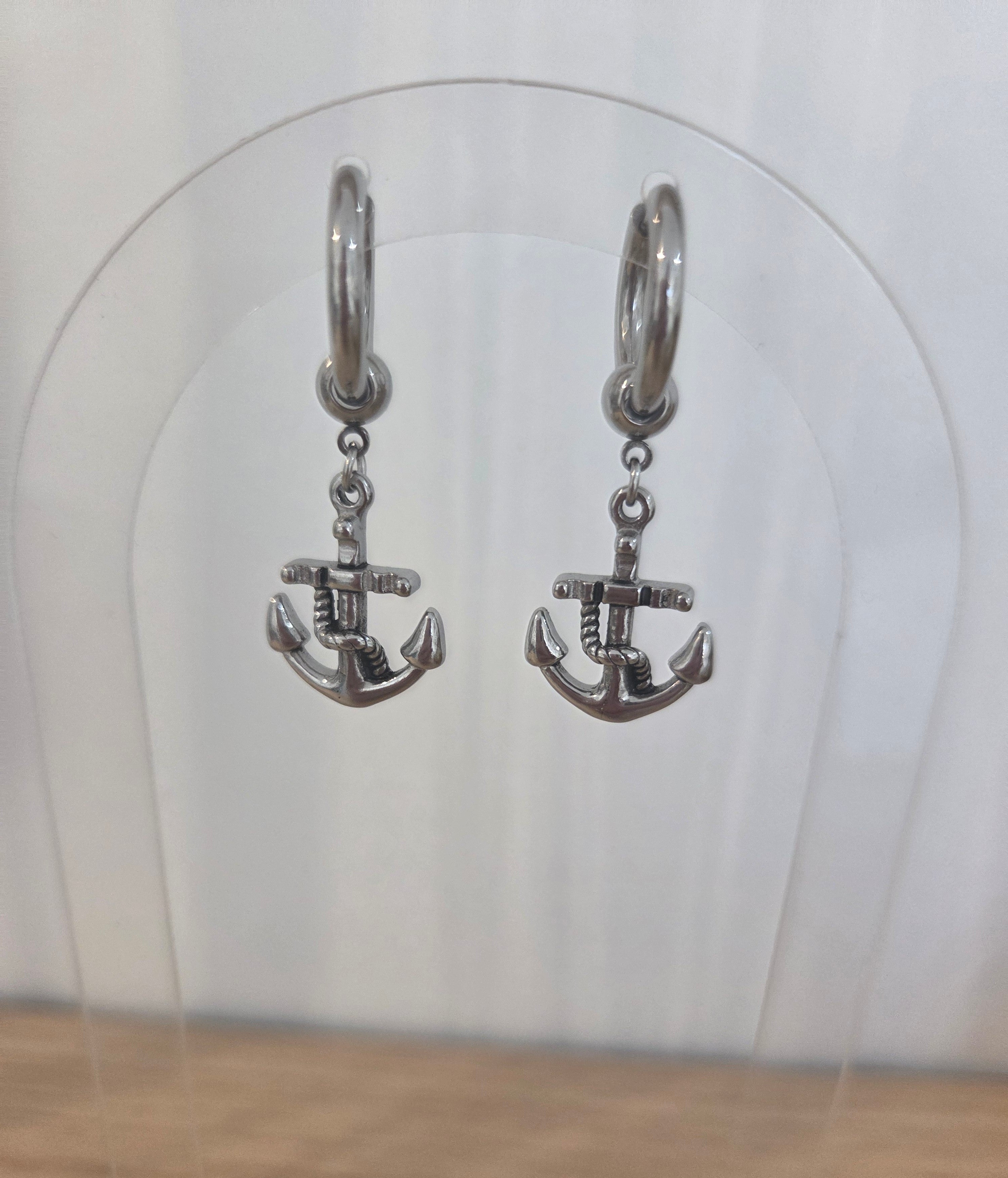 Boucles d'Oreilles Créoles Ancre — Acier Titane Argenté