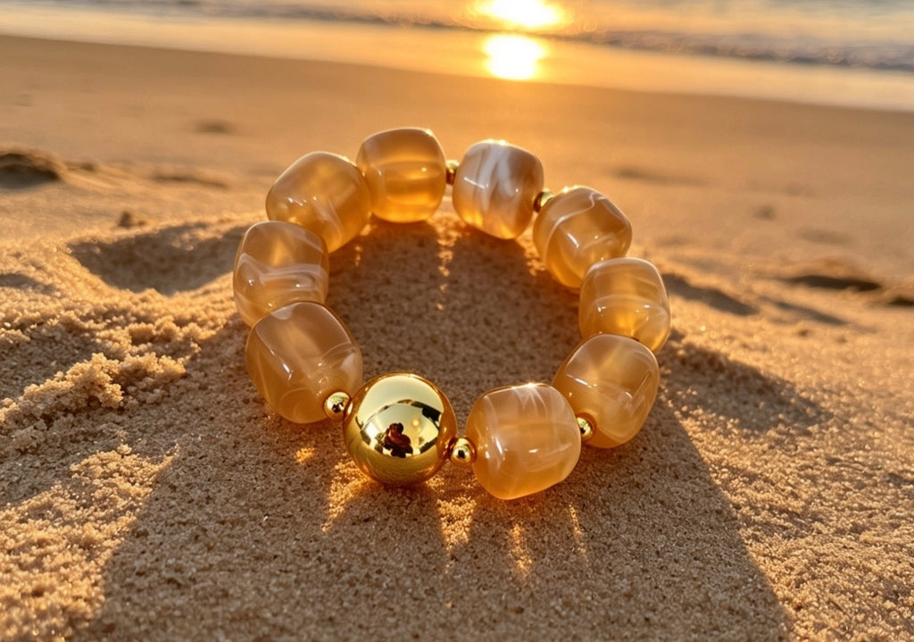 Bracelet Élastique Perles Acrylique Beige Translucide Nacré – Perle Dorée