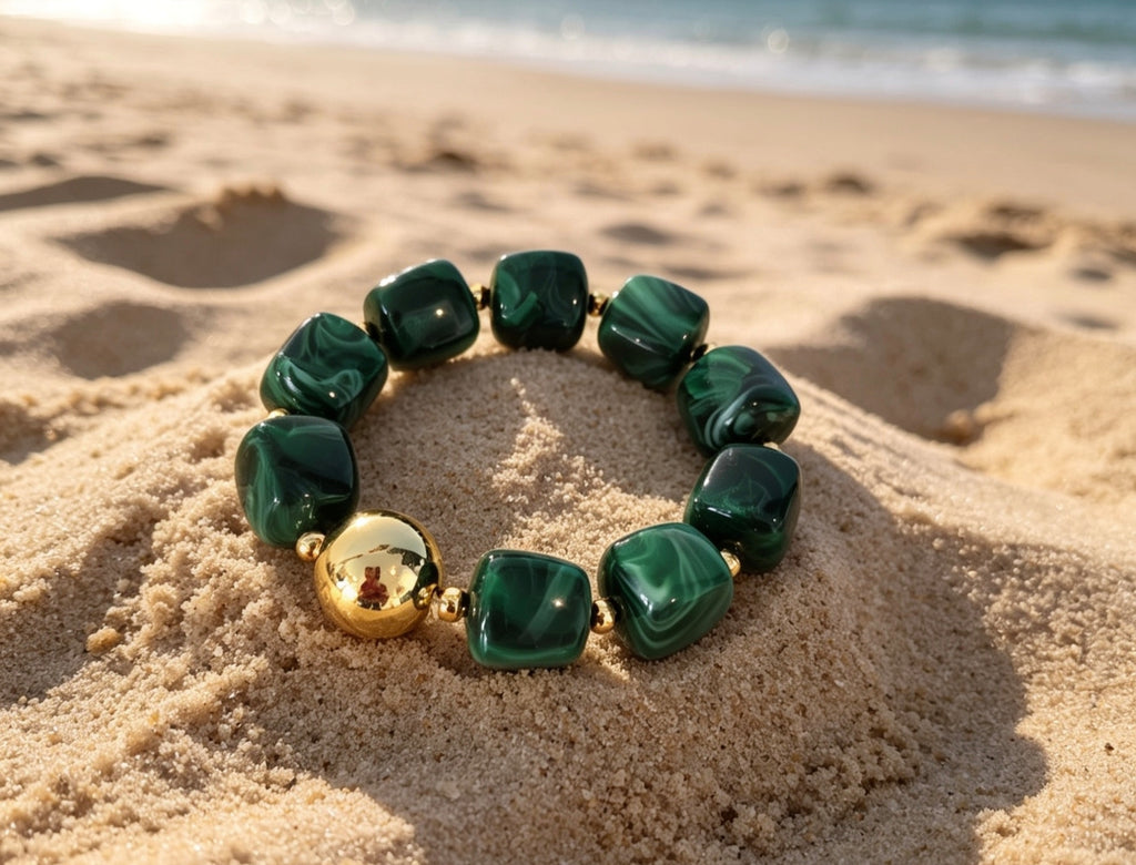Bracelet Élastique Perles Acrylique Vert Malachite – Perle Dorée