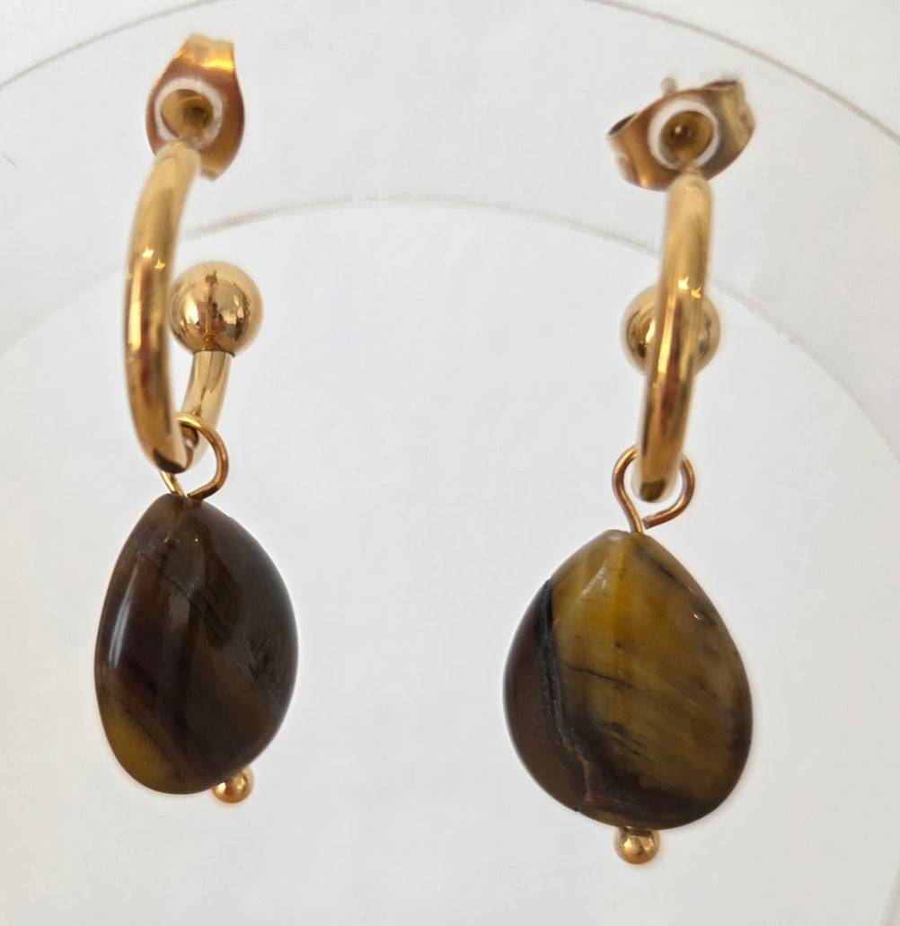 Boucles d'oreilles créoles pendentif résine œil de tigre acier 304