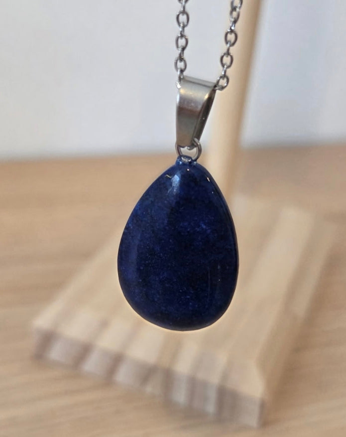 Collier Chaîne Argentée Acier Inoxydable 304 – Pendentif Goutte Lapis-Lazuli