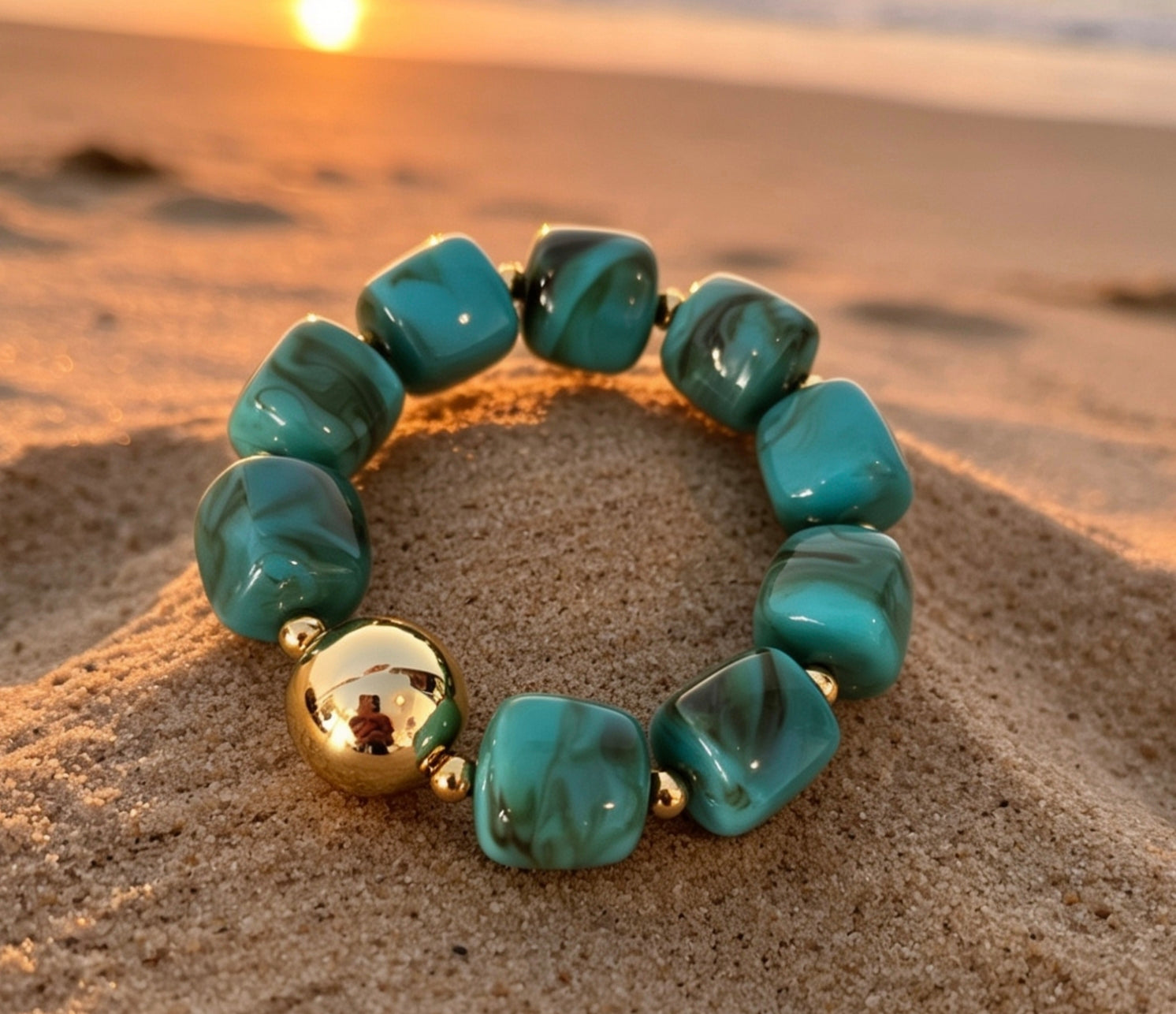 Bracelet Perles Acryliques Turquoise & Dorées