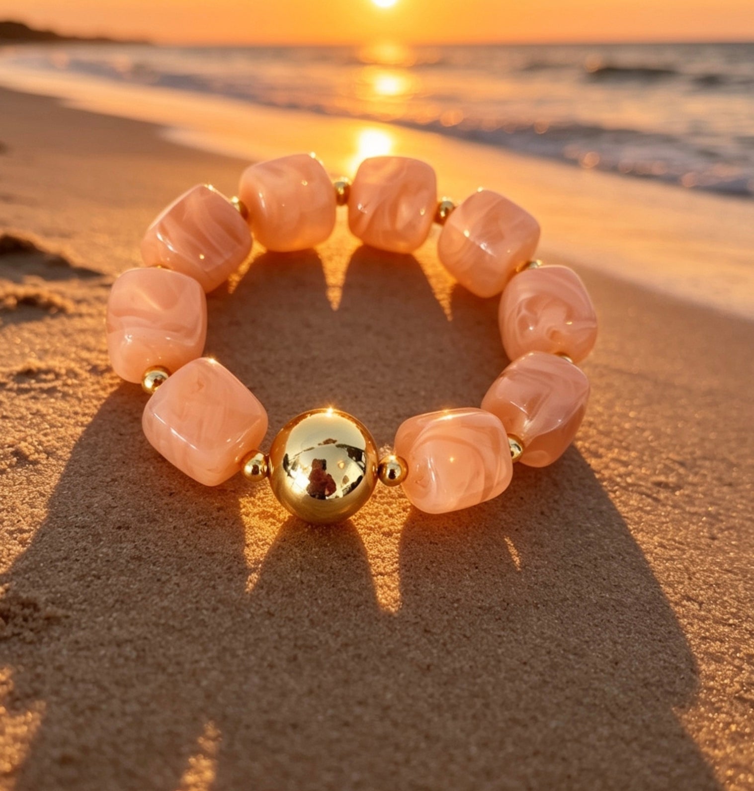 Bracelet Perles Acryliques Rose Poudré & Dorées