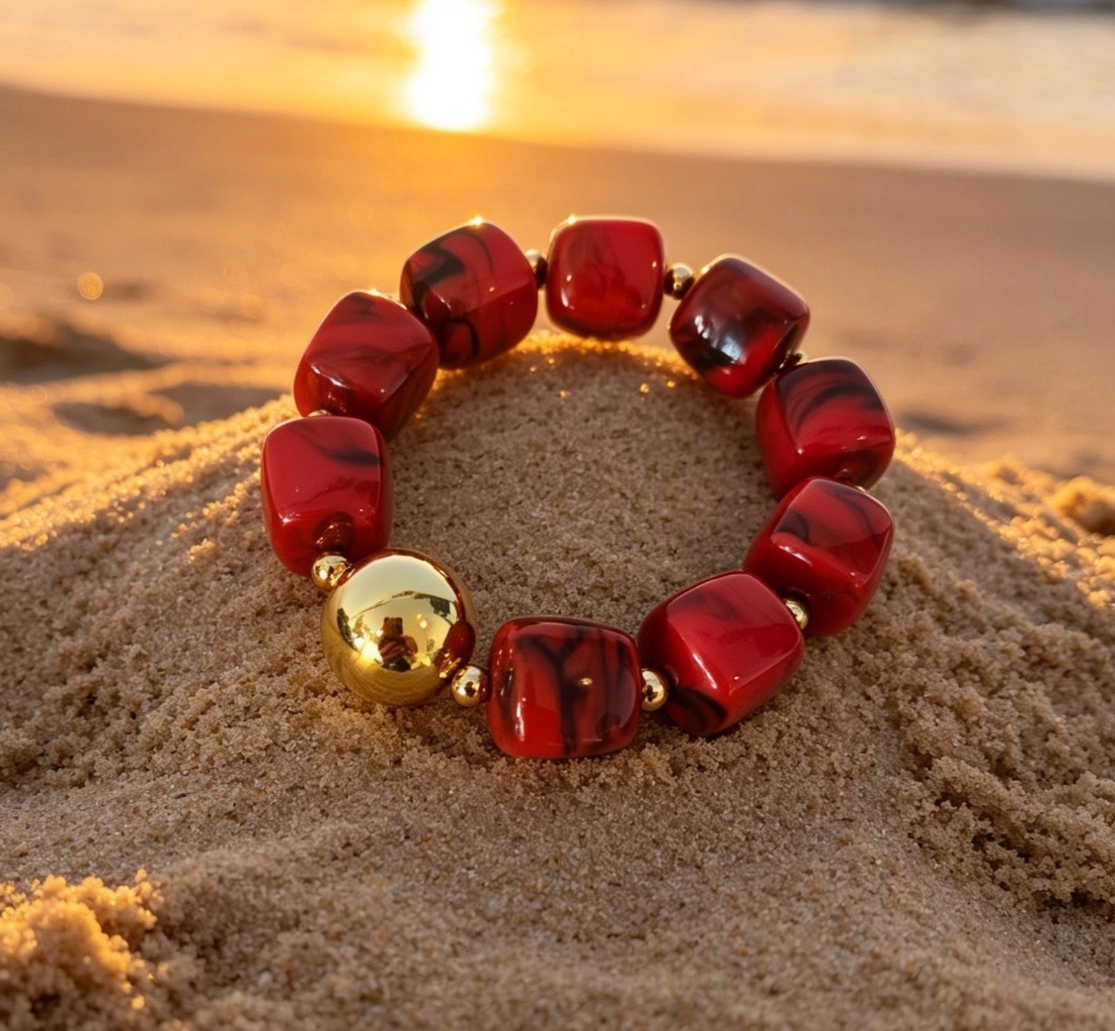Bracelet Perles Acryliques Rouge & Dorées