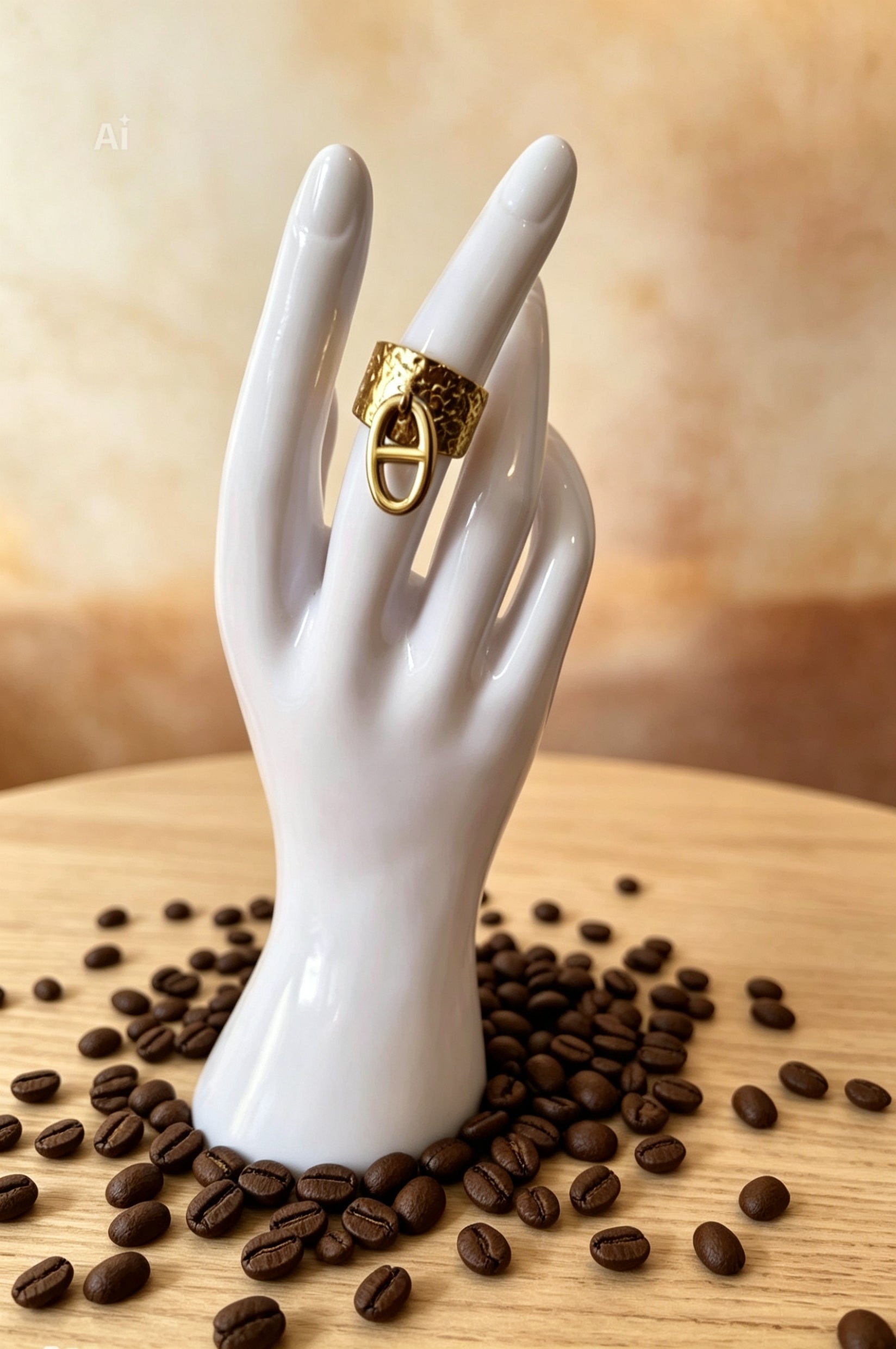 Bague Dorée Large Martelée Pendentif Graine de Café — Réglable
