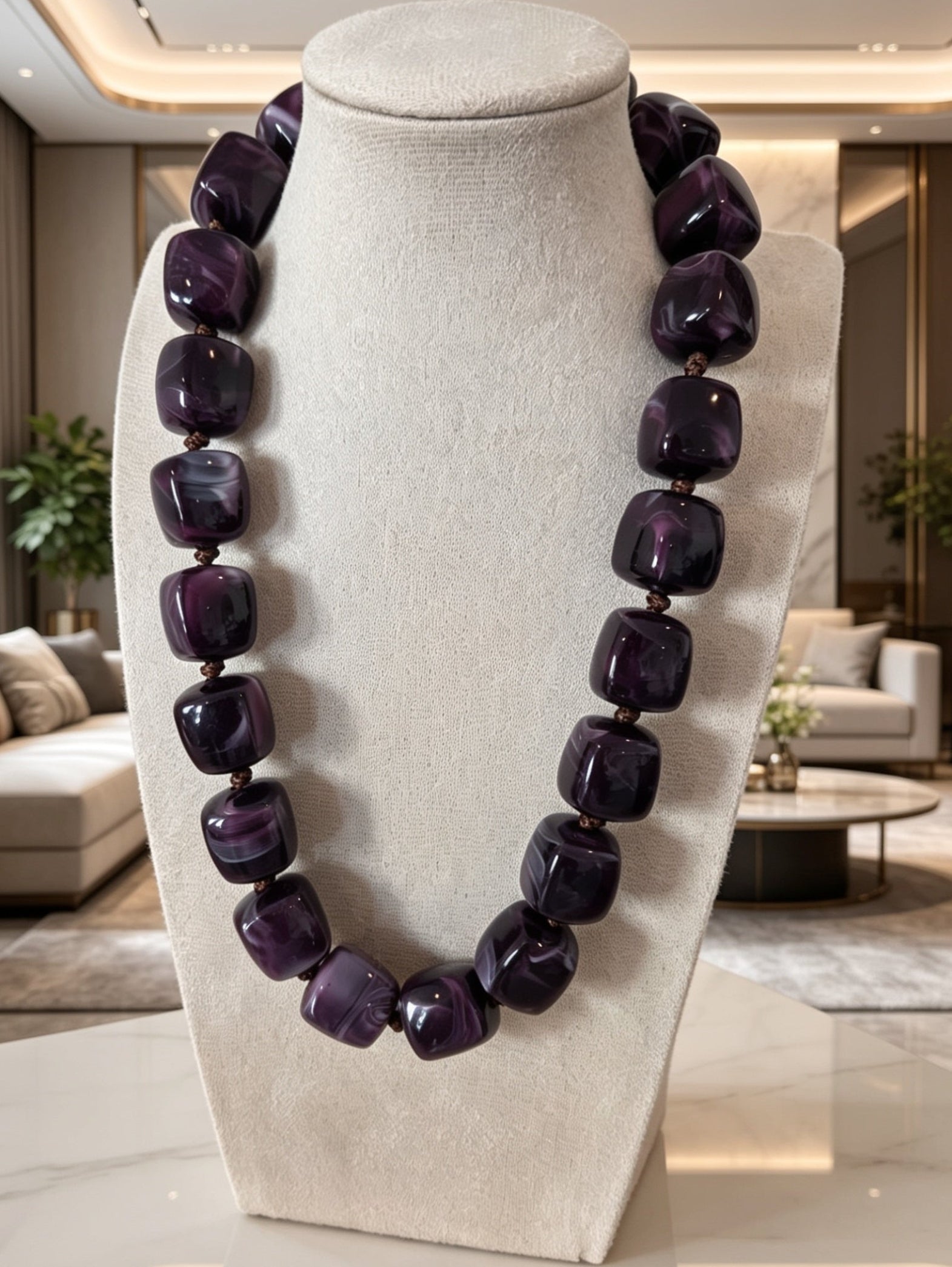 Collier Perles Résine Violet Marbré