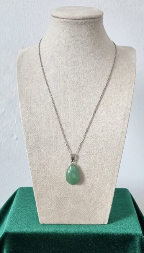 Collier Chaîne Argentée Acier Inoxydable 304 – Pendentif Goutte Aventurine Verte